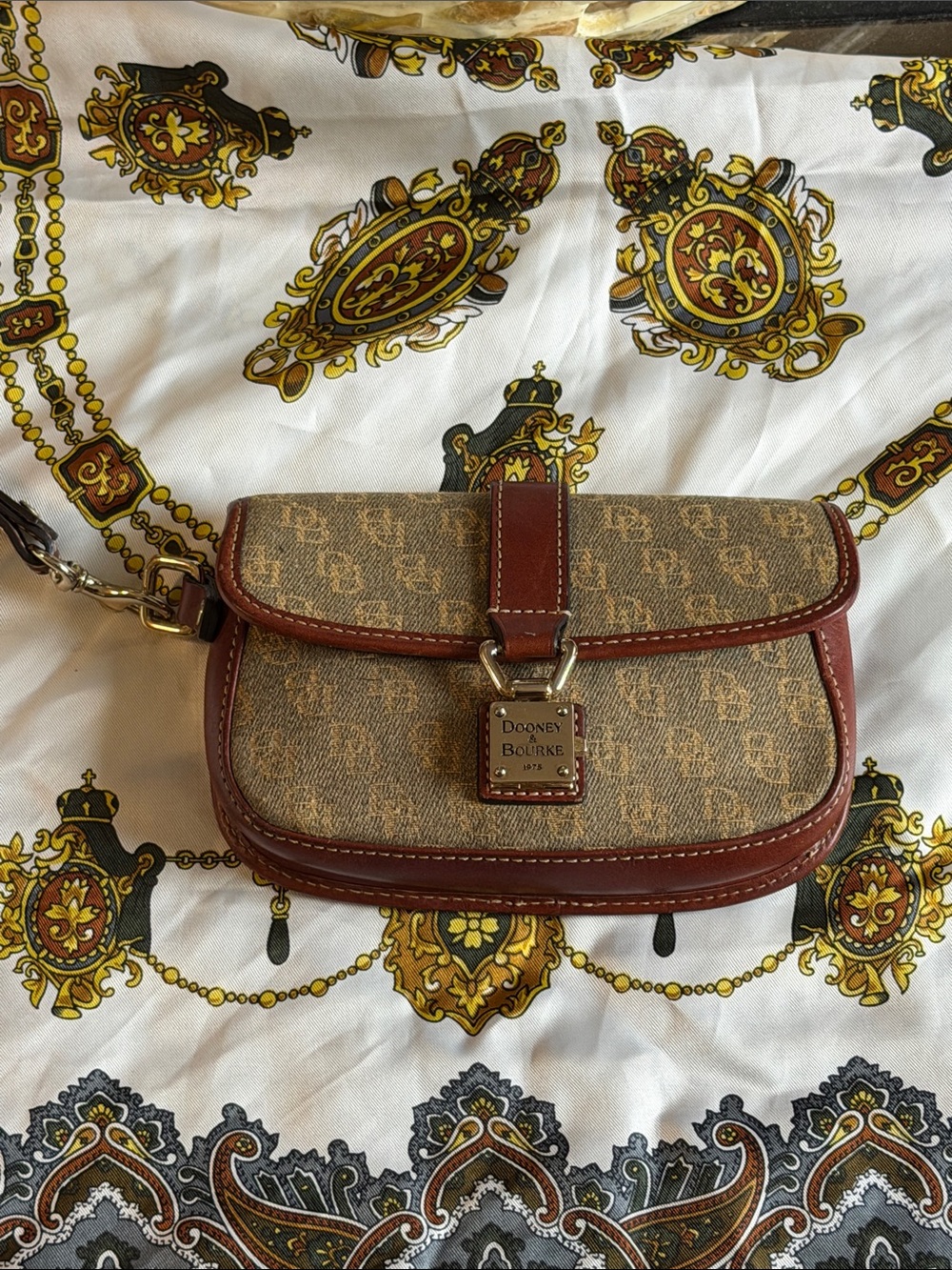Dooney & Bourke Brown Signature Mini Wristlet with Tan Monogram